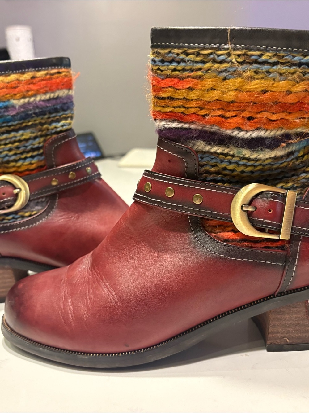 L'ATISTE Red Leather Ankle Boots with Multicolor Knit Cuff